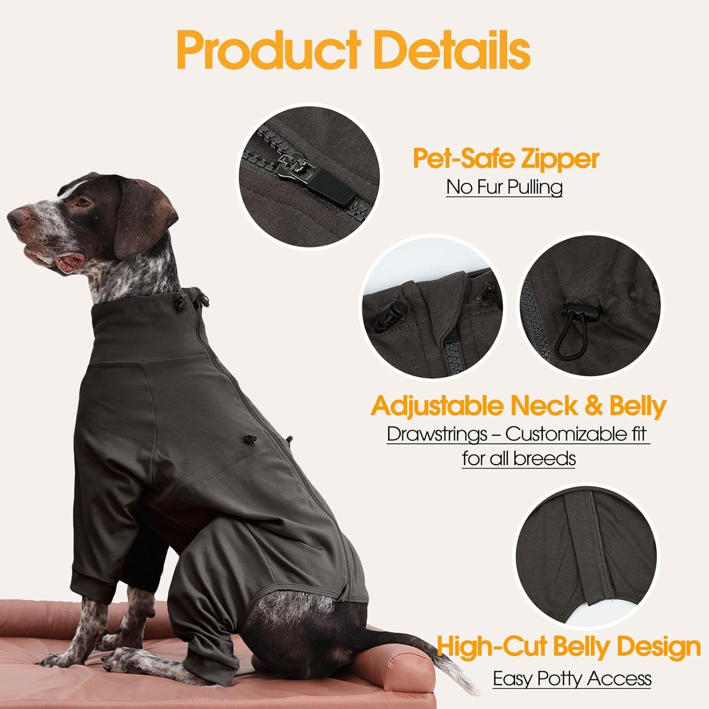 Dog Pajamas with Zipper Back, Adjustable Long Sleeve Pjs for Small Dogs, Anti-Licking Recovery Suit for Dogs After Surgery, Comfy Pet Onesie Outfit for Cocker Spaniel, French Bulldog, Grey M