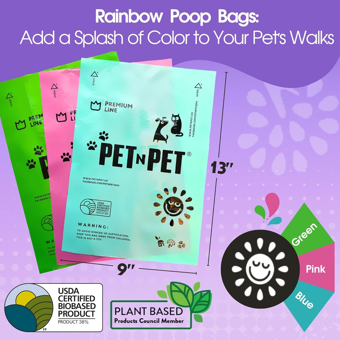Pet N Pet 720 Counts Lavender Scented, Colorful Poop Bags for Dogs, 38% Plant Based & 62% PE Dog Poop Bags Rolls, Extra Thick Dog Waste Bag, Doggy Bag