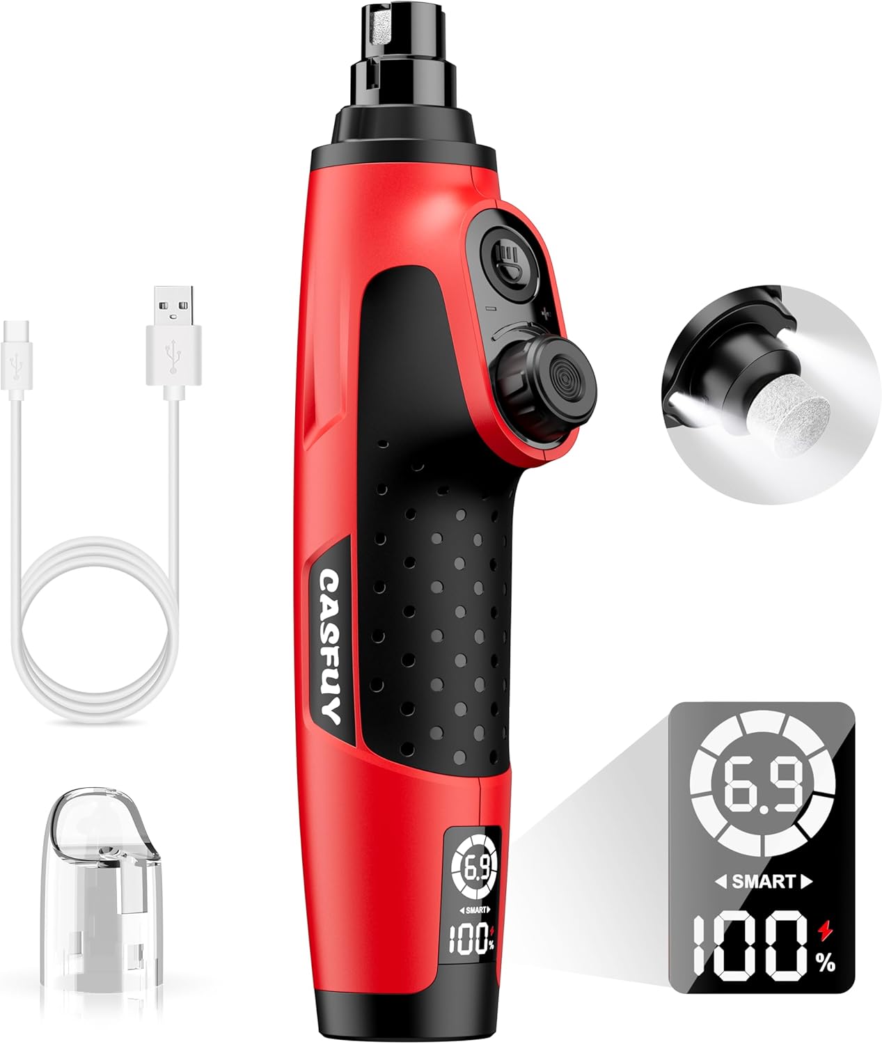Casfuy Smart 6-Speed Dog Nail Grinder - 50% More Power Pet Nail Grinder with 2 LED Lights Quiet Rechargeable Electric Dog Nail Trimmers File Toenail Grinder for Large Medium Small Dogs & Cats (Red)