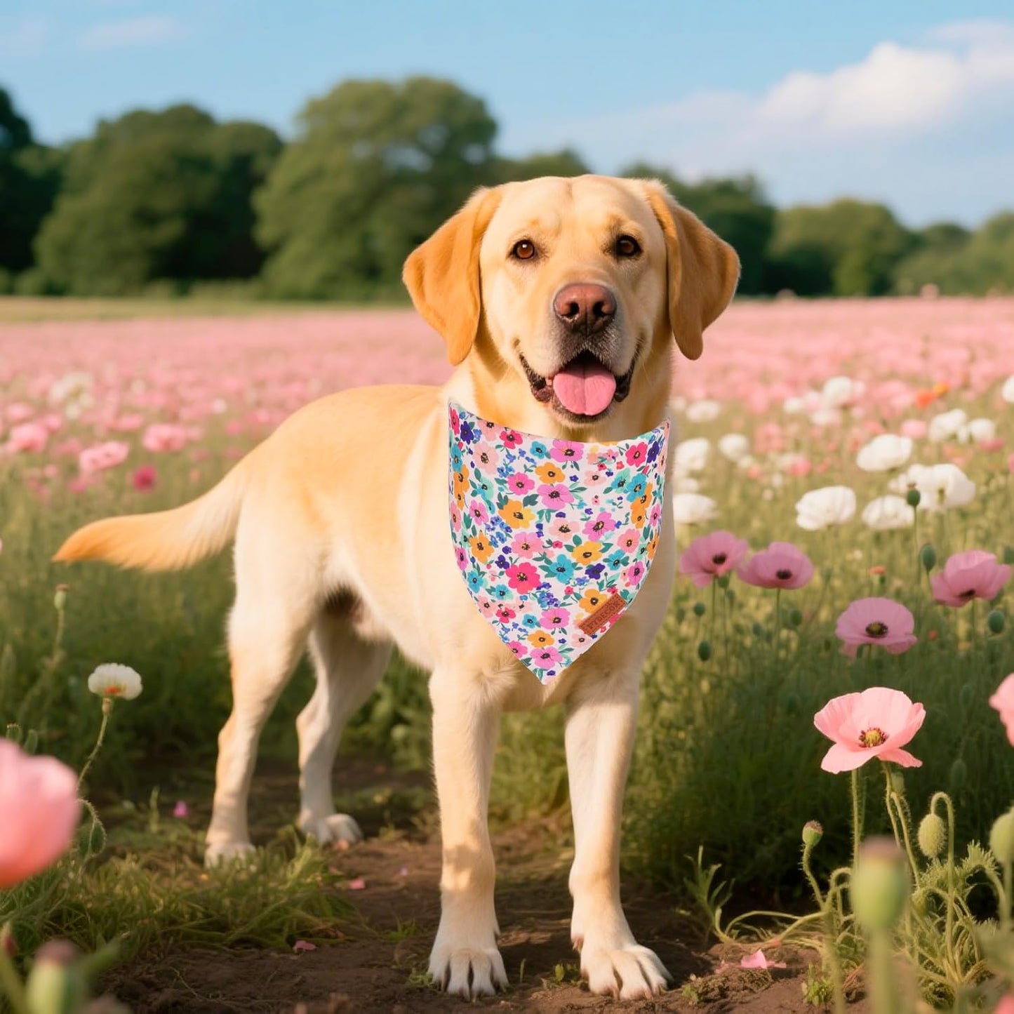 PTDECOR Floral Dog Bandana, Flower Reversible Pets Scarf, Premium Durable Fabric, Adjustable Pink Green Bandanas for Extra Large Dogs (X-Large)