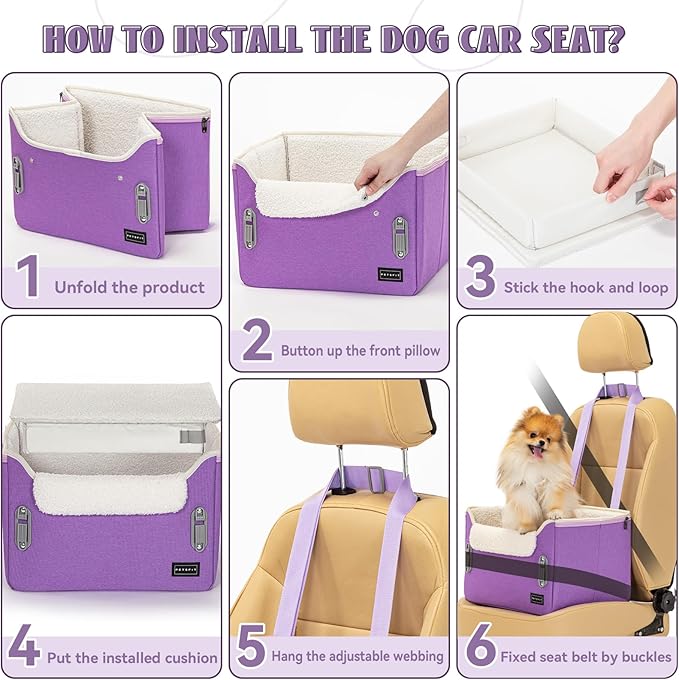 PETSFIT Small Dog Car Seat, Patent Safe Buckles Dog Booster Car Seat, Dogs Carseat with Safety Belt, Suitable for Small Pets Up to 25lbs (Purple)