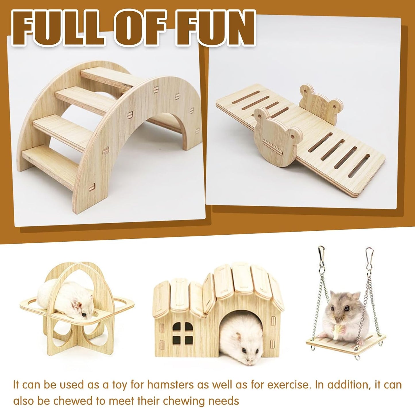 Hamster Toys 5-Piece Set,Hamster House, Swing, Climbing Ladder, Seesaw & Exercise Wheel,Pet DIY Sport Exercise Toys Set, Small Animal Habitat Accessories,Gerbils, Mice(Natural Wood A)
