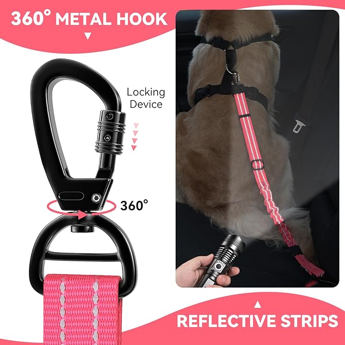 Pawaboo 2Pack Dog Seatbelt for Car, 3-in-1 Dog Car Seat Belt Bungee, Shockproof Dog Tether for Car with Buckle & Hook Latch, Adjustable Reflective Dog Harness Leash with 360° Lockable Buckle, Pink