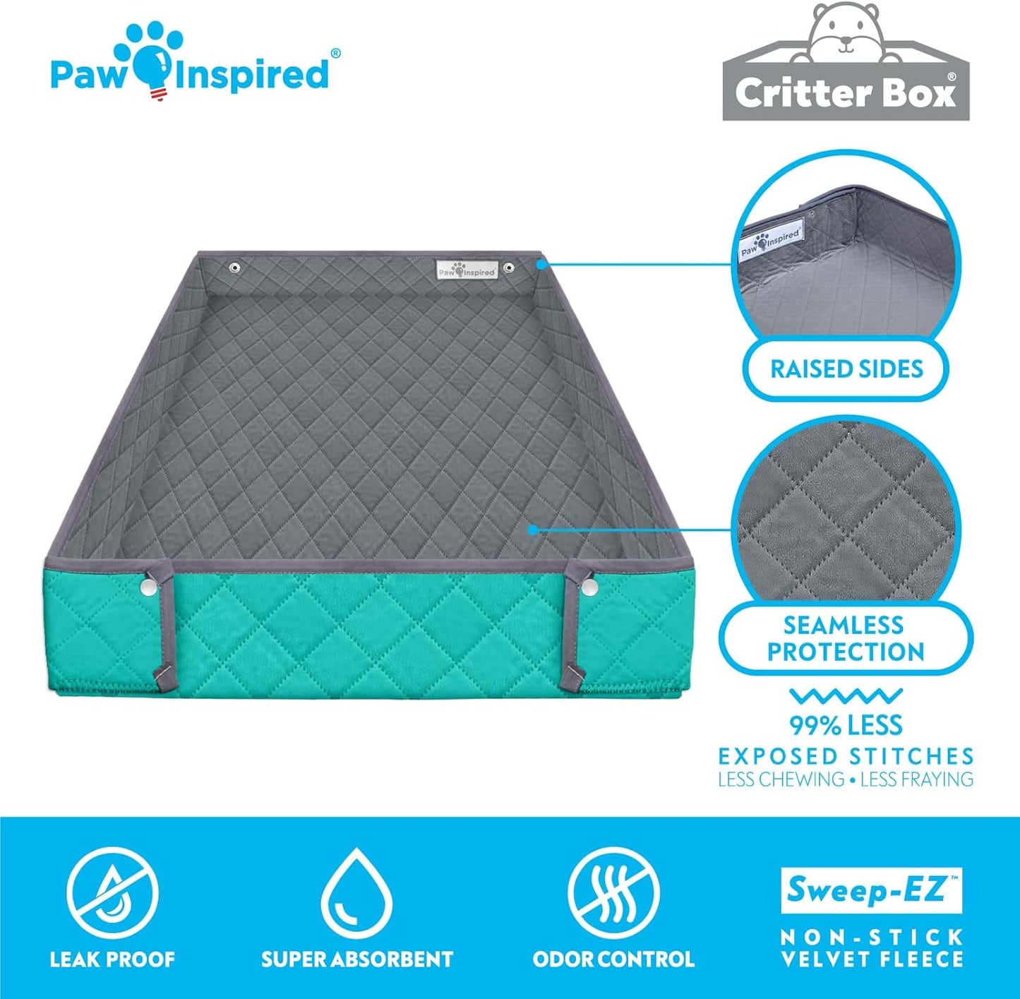 Paw Inspired Critter Box Washable Cage Liner, Reversible Fleece Bedding with Raised Sides for Guinea Pigs and Other Small Animals (Midwest, Gray/Green)