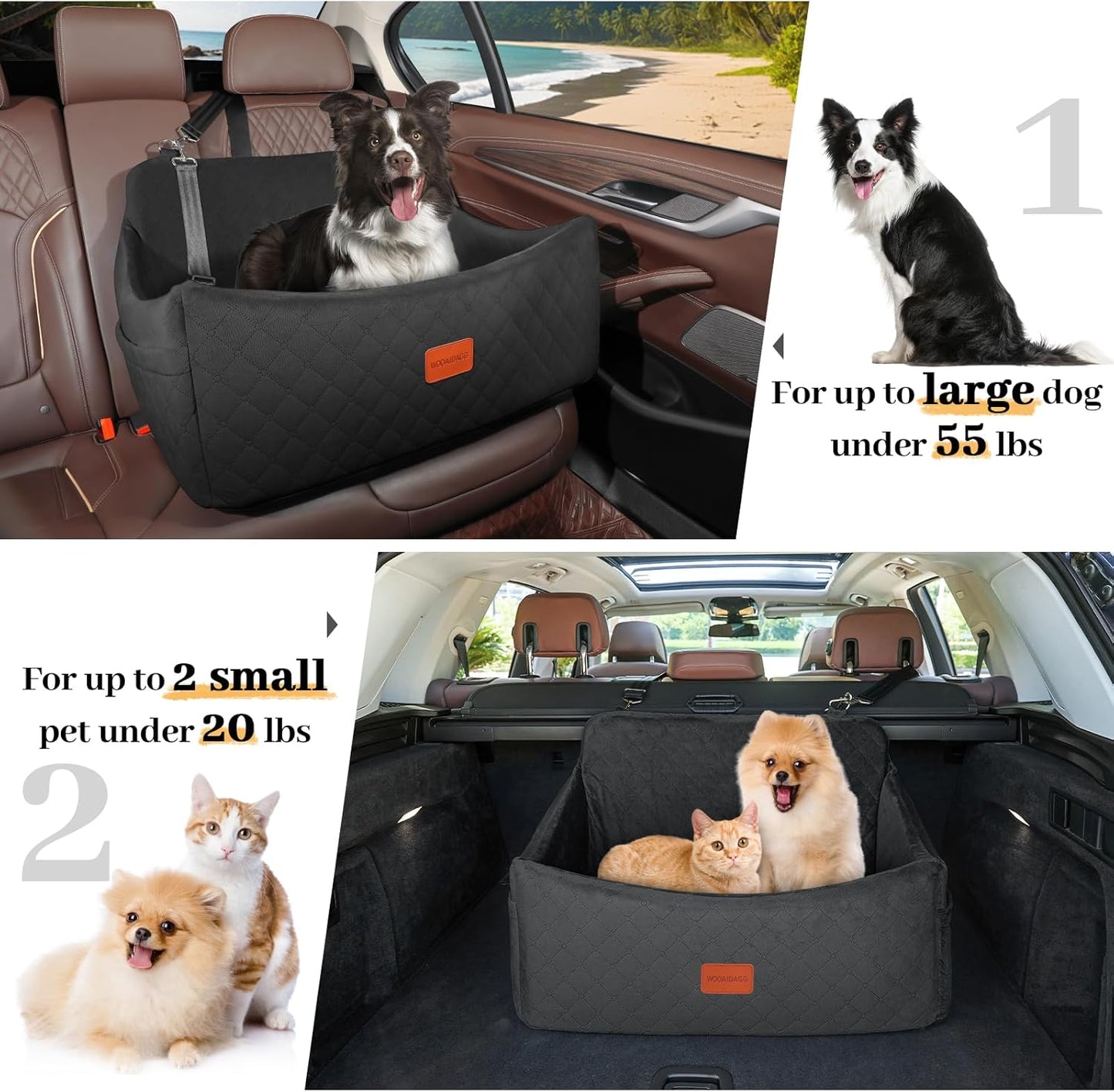 Dog Car Seat for Medium & Large Dogs Up to 55lbs, Memory Foam Cushion, Washable Cover, Safety Straps & Non-Slip Bottom(Black,Large)