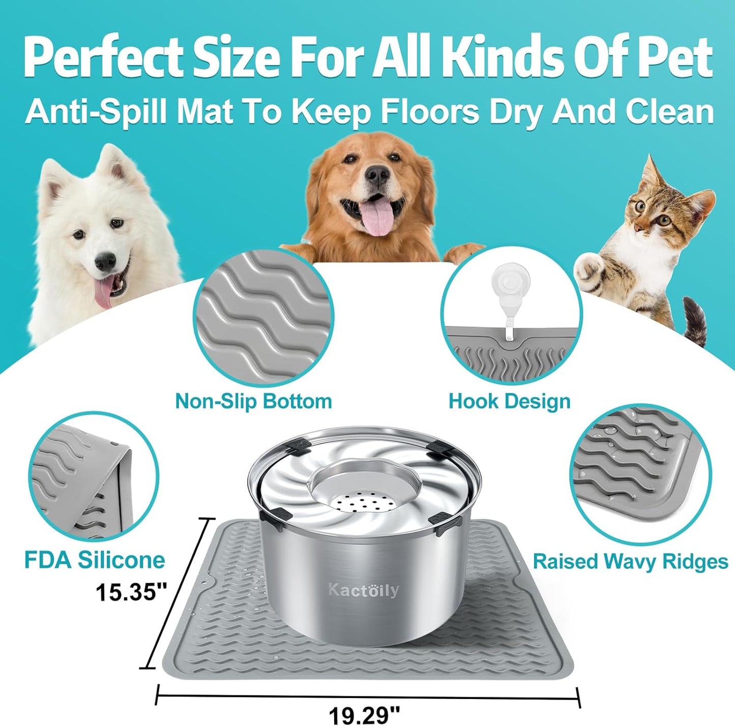 1.5 Gal Dog Water Bowl No Spill, 5.6L Stainless Steel Bowls and Non-Slip Dog Bowl Mats for Food and Water, Silicone Pet Feeding Mats for Floors Waterproof