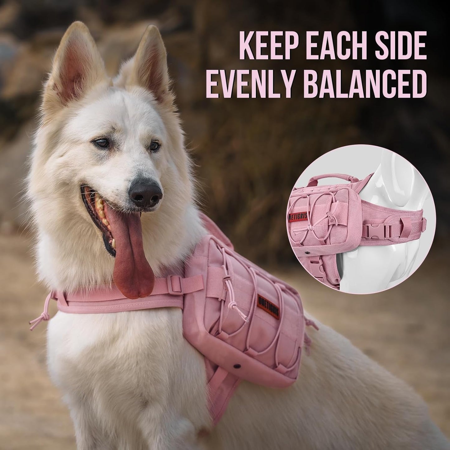 ONETIGRIS Dog Backpack for Medium & Large Dogs, Mammoth Nylon Dog Pack Tactical Backpack Harness with Side Pockets for Hiking Walking Training Running (Pink, Large)