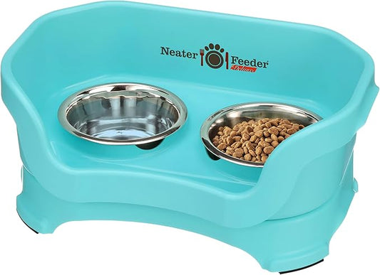 Neater Feeder Deluxe Mess Proof Cat Bowls Elevated for All Breeds – Made in USA – No Spill Raised Bowls for Indoor Cats – Stainless Steel Food and Water Bowl Set, Pet Dish Feeding Station, Aquamarine