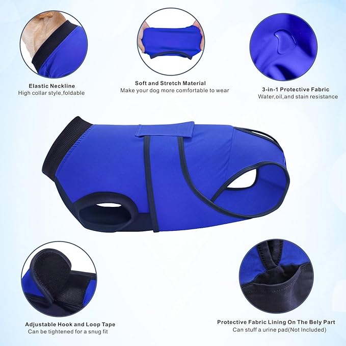 Idepet Dog Recovery Suit Female,Dogs Onesie Suit Surgery Male Breathable Pet Bodysuit for Spay Neuter E-Collar & Cone Alternative Surgical Suit Puppy Abdominal Anti Licking Wounds Shirt (Blue, L)
