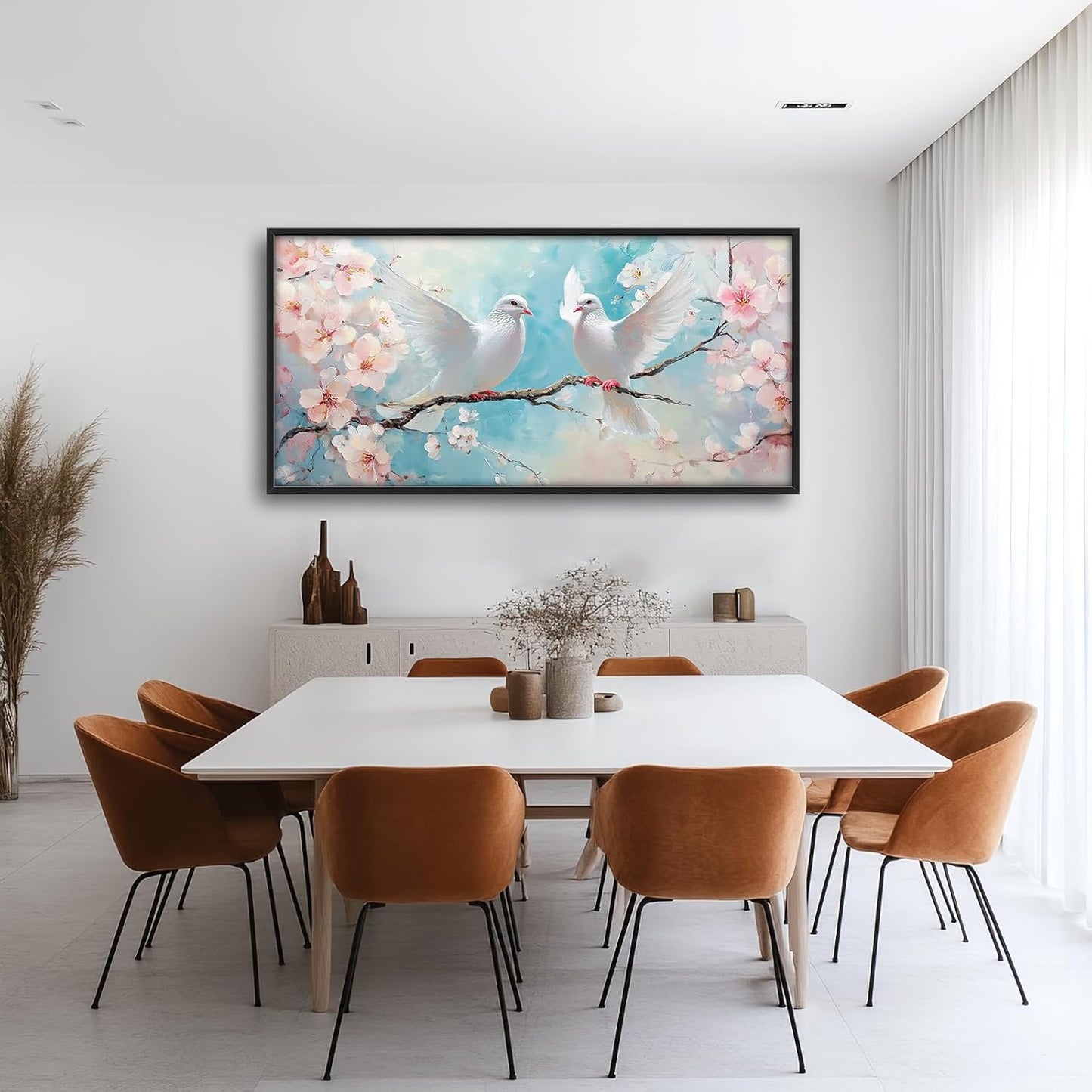 Large White Dove Flower Wall Art for Living Room, Framed Oversized Pigeon Cherry Blossom Wall Decor Nature Canvas Painting Modern Artwork for Living Room Bathroom Bedroom Office Dining Room 60"x30"