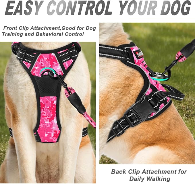 BARKBAY No Pull Dog Harness Front Clip Heavy Duty Reflective Easy Control Handle for Large Dog Walking(Pink camo,XL)