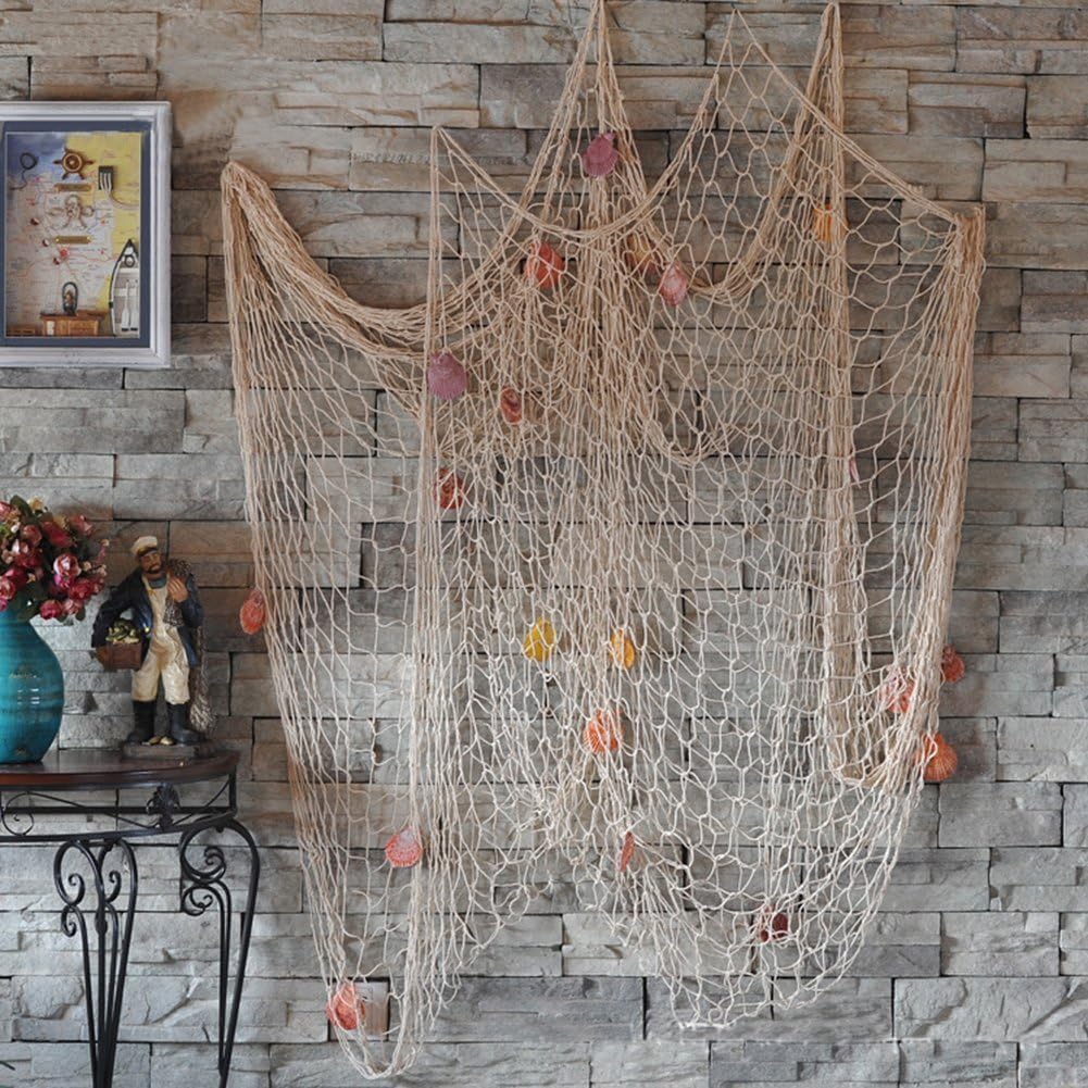 Nature Fish Net Wall Decoration with Shells, Ocean Themed Wall Hangings Fishing Net Party Decor for Pirate Party,Wedding,Photographing Decoration