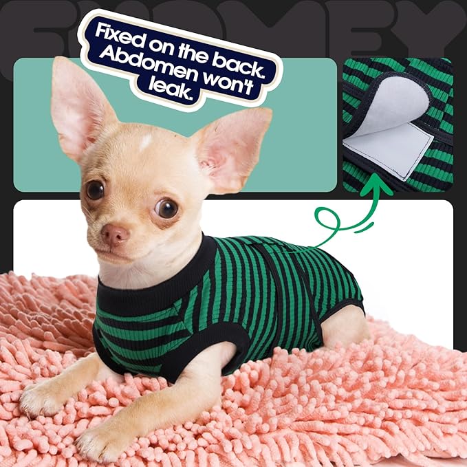 FUAMEY Recovery Suit for Dogs After Surgery,Soft Breathable Dog Bodysuit E-Collar & Cone Alternative Surgical Suit,Male Female Dog Neuter Spay Suits Anti Licking Wounds Onesie Green Black Stripes M