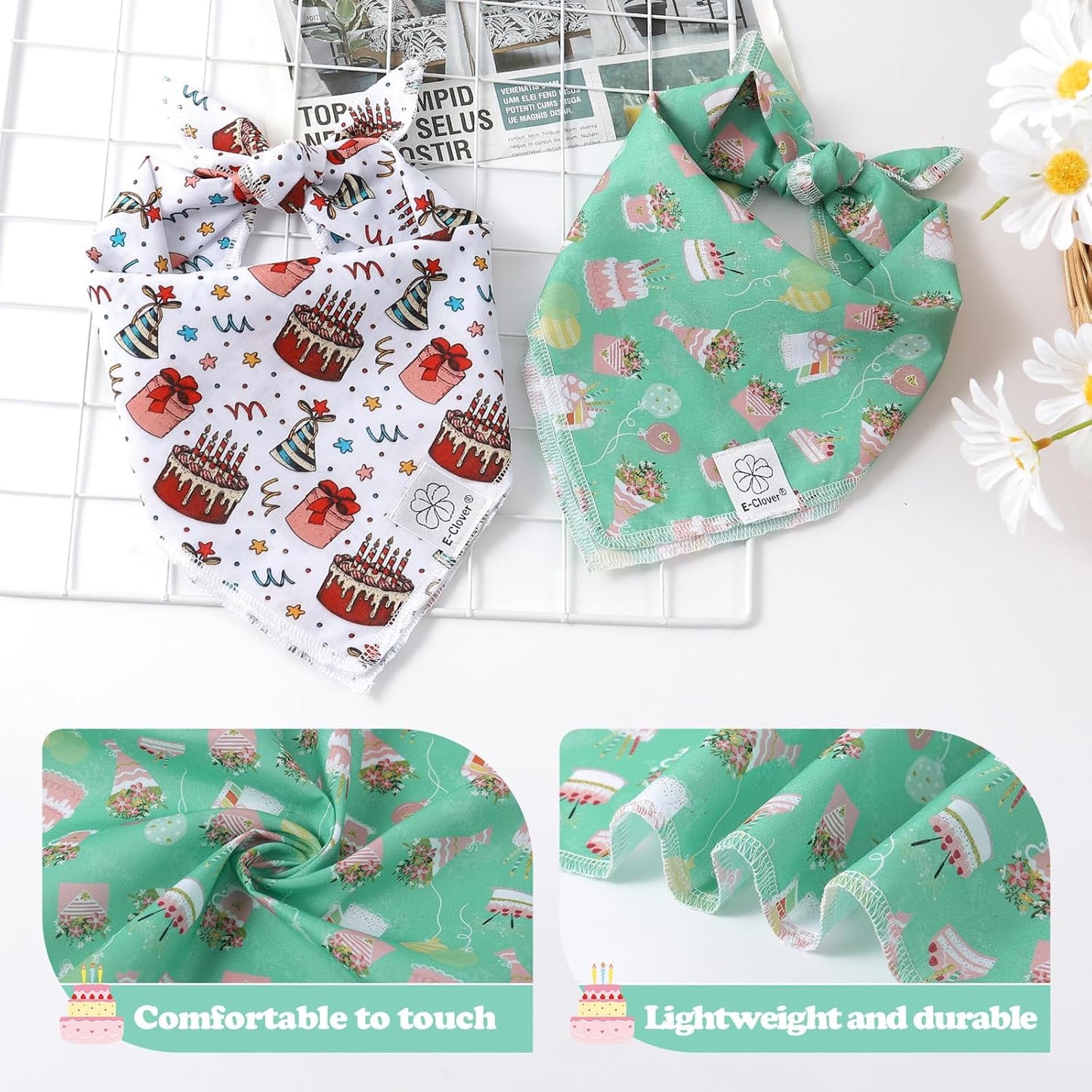 E-Clover Dog Birthday Cake Dog Bandanas White Green Scarf for Dogs Boy Girl Cute Costumes Accessories for Medium Large Dogs