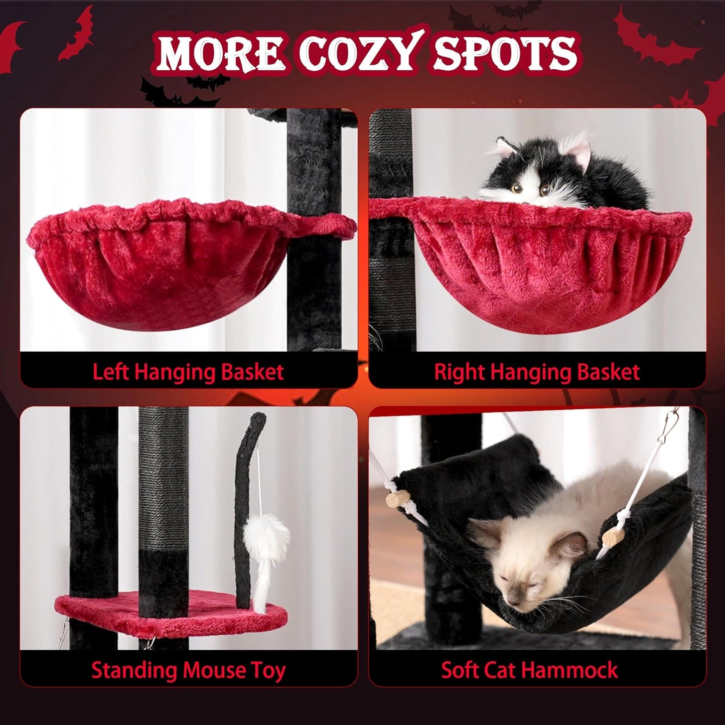 Gothic Cat Tree for Large Cats, 78.7"(200cm) Tall Cat Tower for Indoor Cats Multiple Cats with Large Top Perch, Cat Condo, Cat Hammcok, Cat Scratching Post, Black and Red GCT031BR