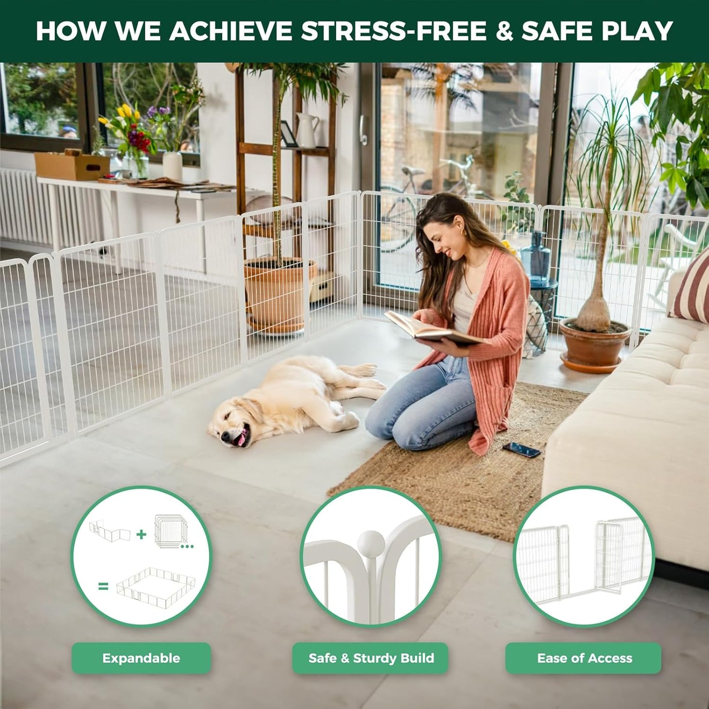 FXW Homeplus Unleashed Indoor Dog Playpen - Stress-Free and Safe Play, Heavy Duty 40 Inch 12 Wire Panels Dog Pen for Medium and Large Dogs, White│Patented