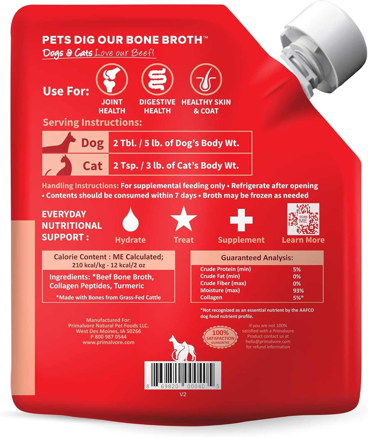 Primalvore Grass-Fed Beef Bone Broth for Dogs &Cats, Mobility Formula w/Collagen Peptides to Help Support Hip & Joints, Digestion, Skin & Coat and Hydration, Human Grade, Made in USA. Beef 2 Pack