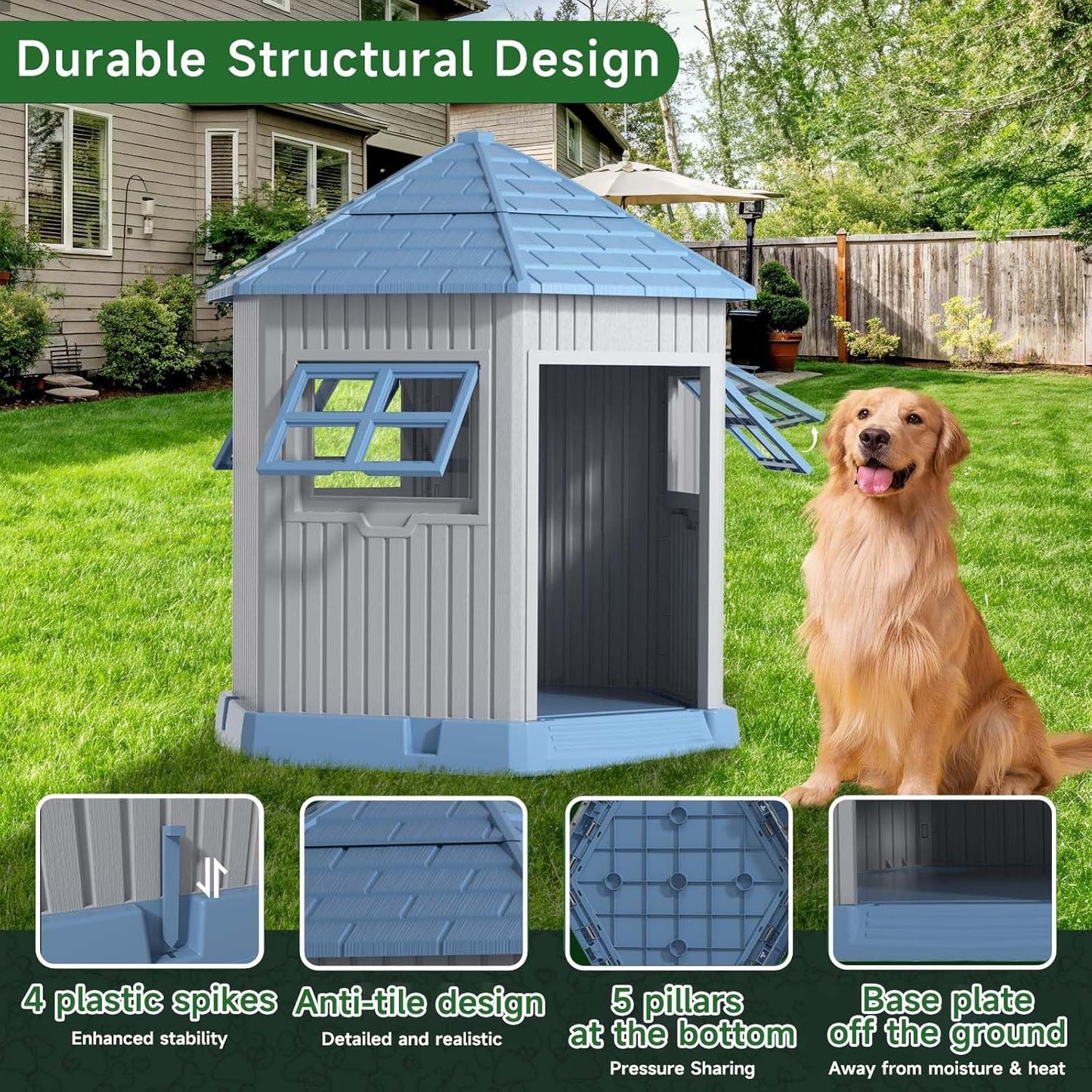 Vixzen Large Outdoor Dog House,Durable Water Resistant Resin Dog House,Doghouse for Small to Large Dogs Indoor or Outside,with Openable Windows and Elevated Floor,Blue