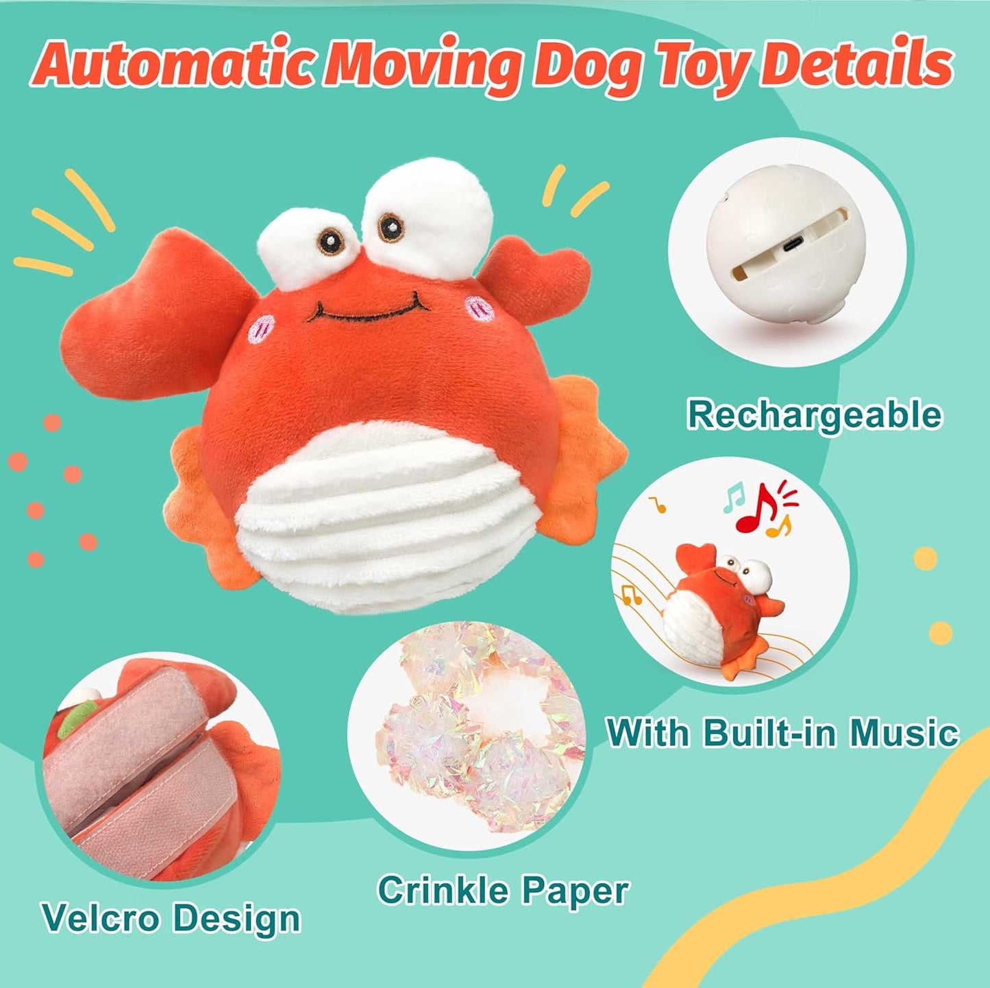 Crab Interactive Dog Toys – Rechargeable Self-Play Toy with Motion-Activated Ball & Music Recording Modes for Small, Medium & Large Dogs, Moving Dog Toy to Keep Them Busy