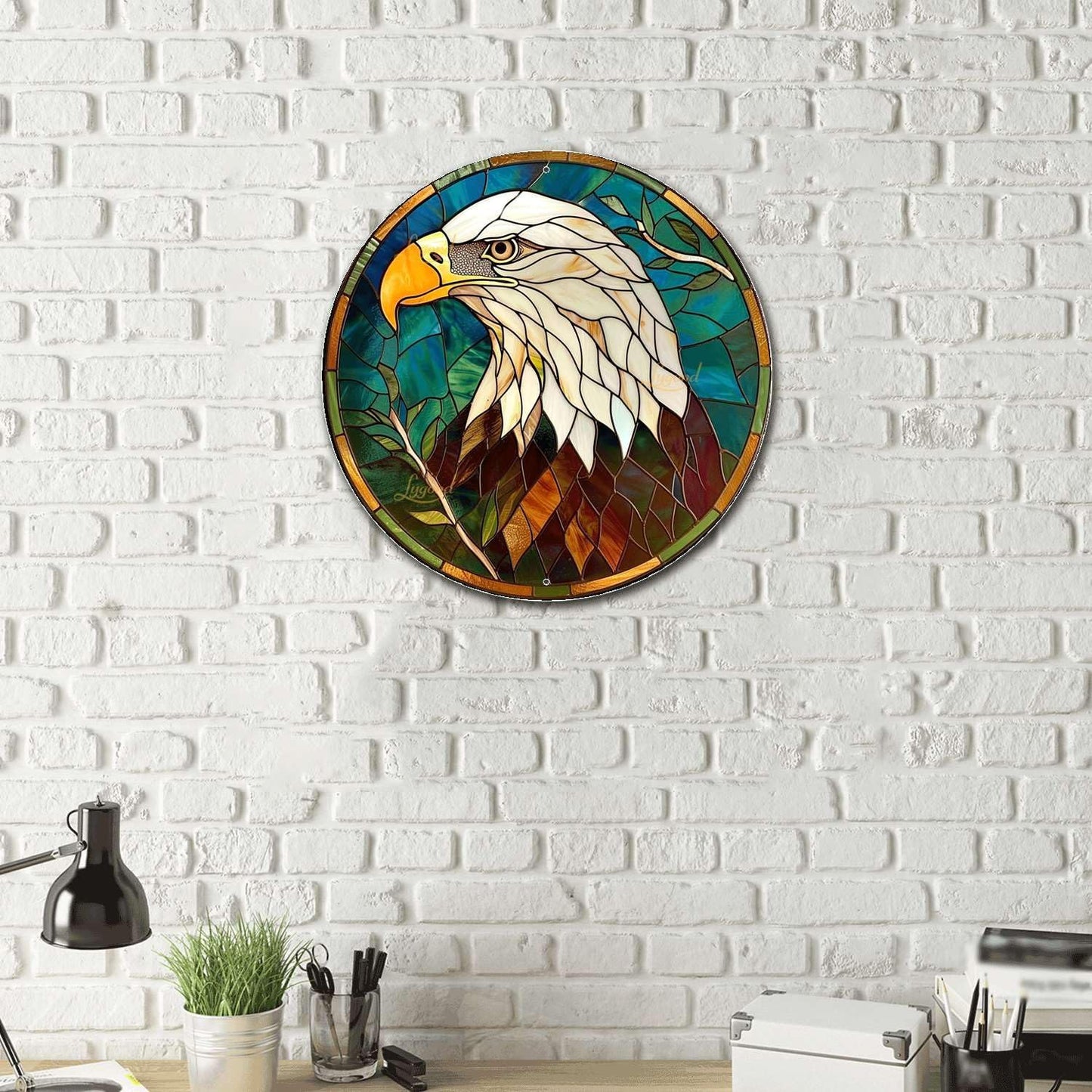 Lygond Metal Sign Tin Sign Circular Stained Glass Bald Eagle Boho Decorations for Home for Bar 8×8 Inches