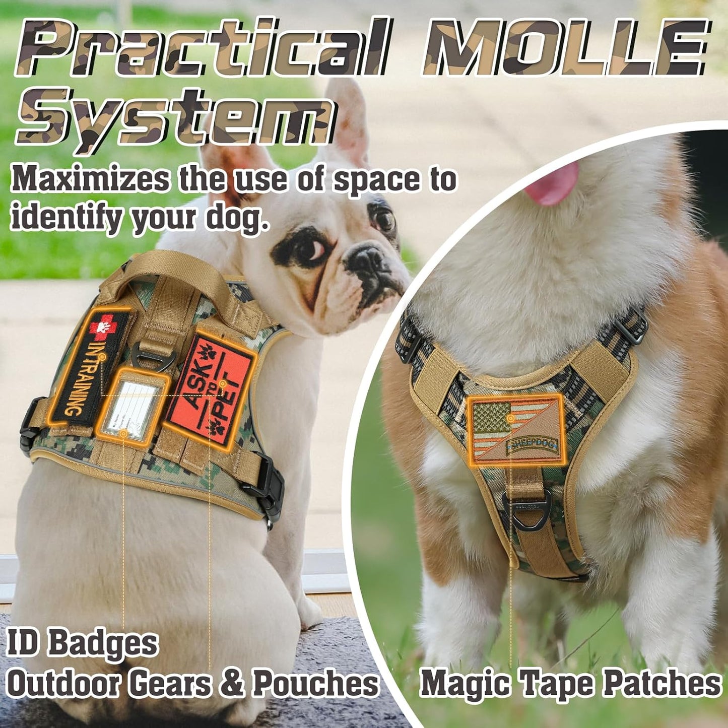 rabbitgoo Tactical Dog Harness for Large Dogs, No Pull Military Service Vest with Handle & Molle, Easy Control for Training Walking, Adjustable Reflective Straps, Brown camo, XL