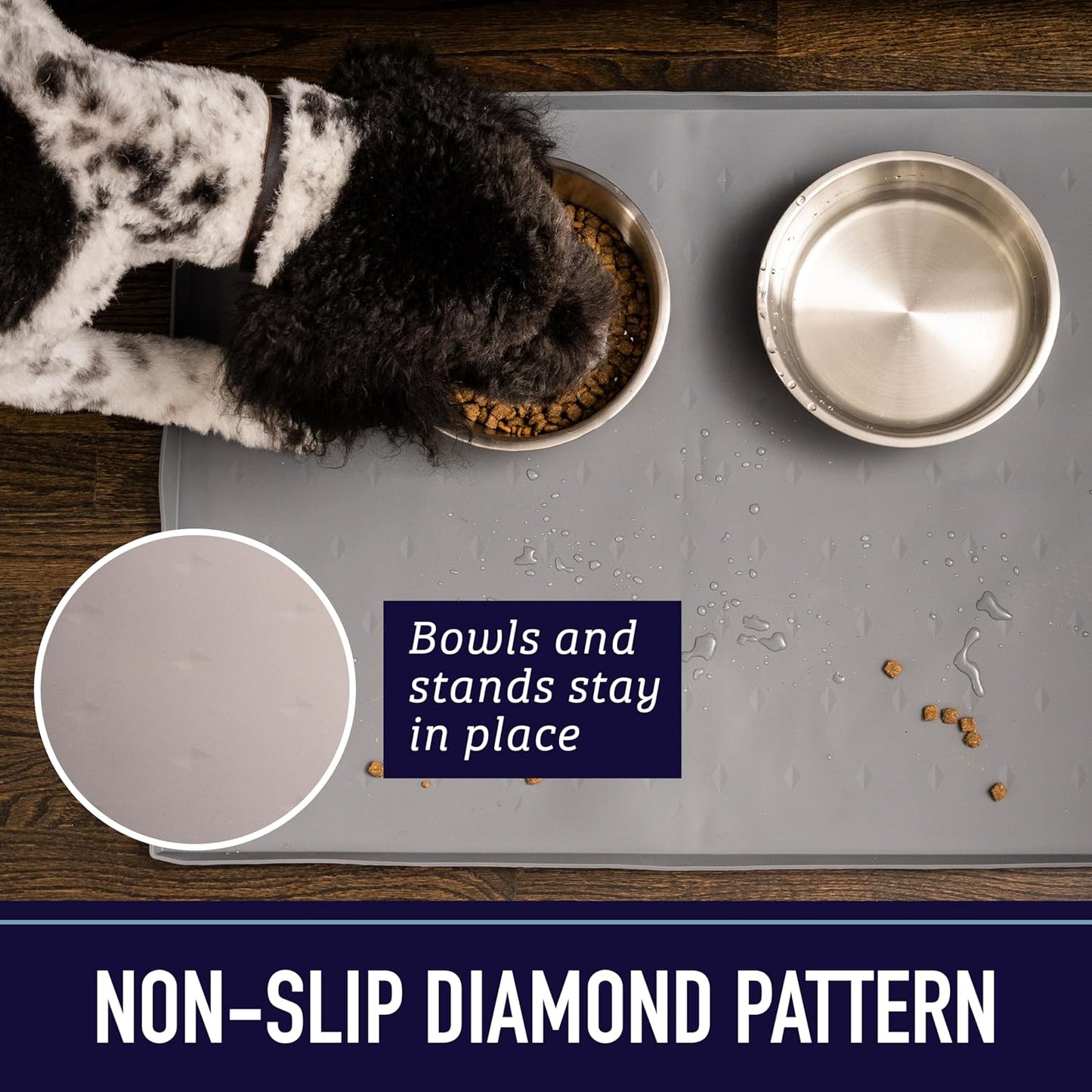 Leash Boss Silicone Dog Water Bowl Pad - XL 25" x 17" Gray - Tall Lip & Non-Slip Base - Waterproof Dog & Cat Food Mat