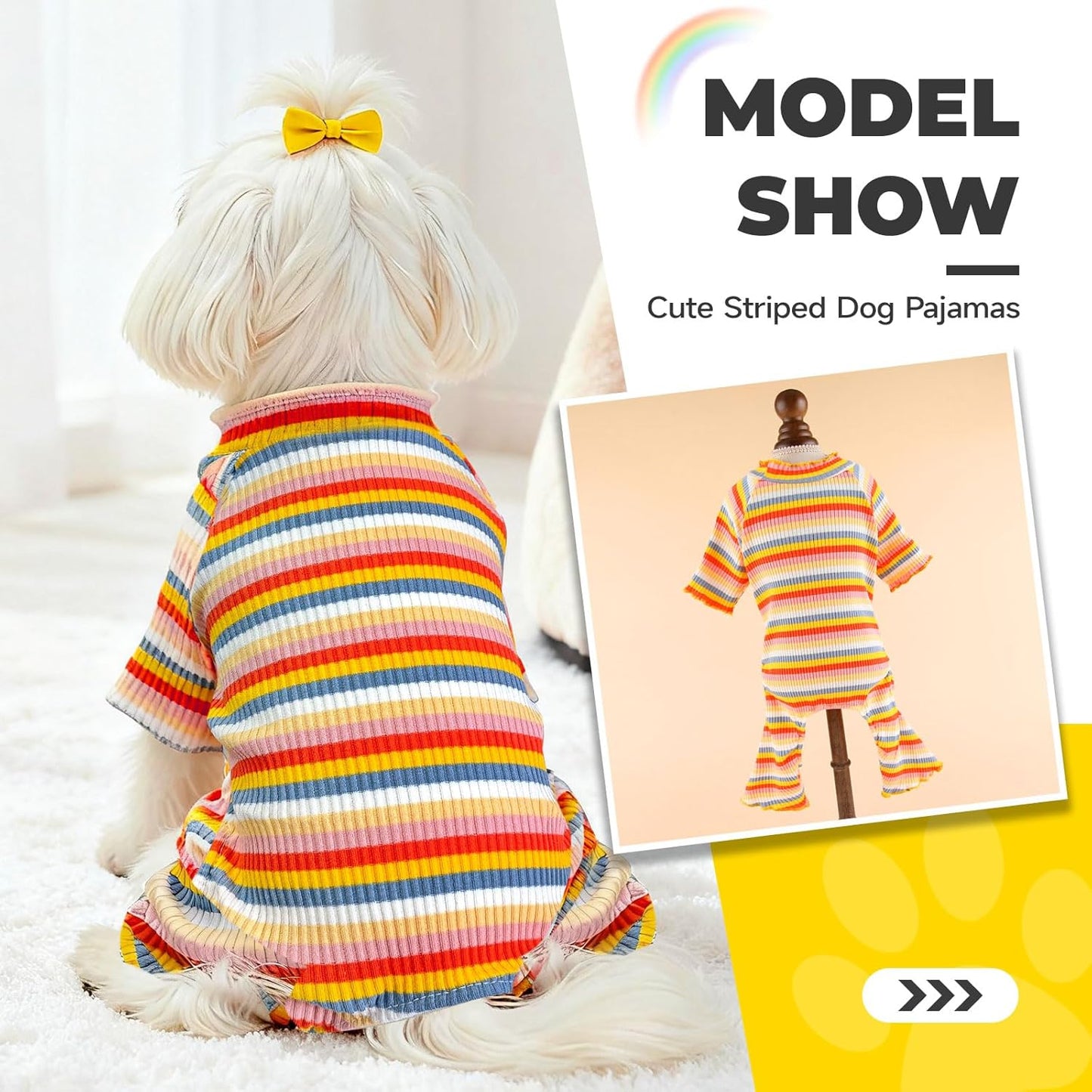 BAEJMJK Striped Dog Pajamas Stretchy Cute Four-Legged Boy Girl Dog Clothes with Sleeves Comfortable Dogs Jumpsuit Colorful Pet Puppy Outfits Apparel for Small Medium Dogs Cats(Yellow,XX-Large)