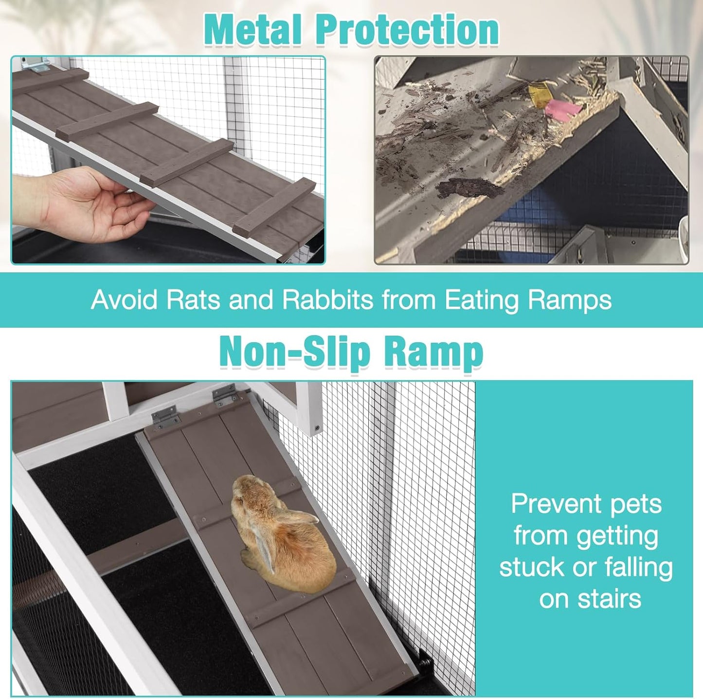 62" Rabbit Hutch with Chew-Proof Ramp & Waterproof Roof - Indoor/Outdoor Bunny Cage, 2-Story Design, 6 Lockable Caster Wheels & Dual Pull-Out Trays (Brown)