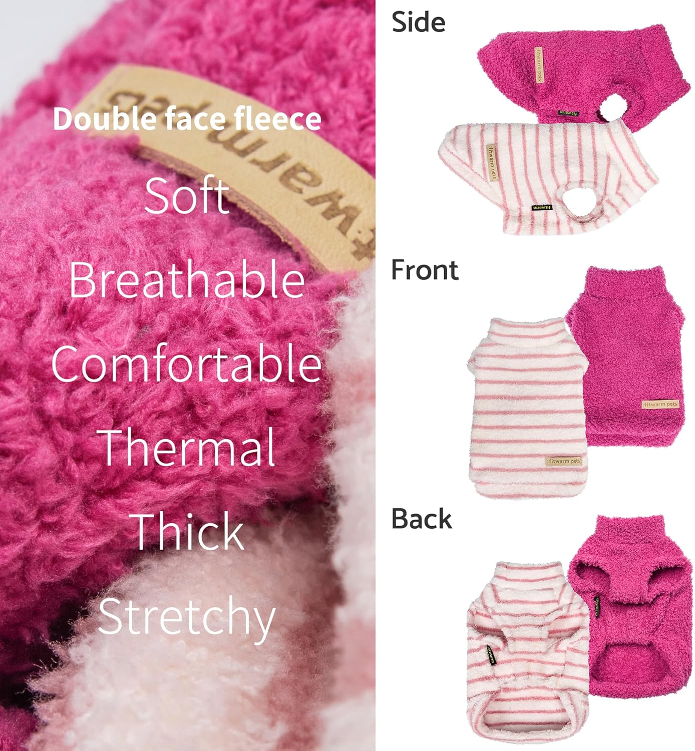 Fitwarm 2 Pack Striped Fleece Dog Sweater, Warm Winter Dog Clothes for Small Dogs Girl, Fuzzy Turtleneck Pet Outfit, Doggy Pullover Jumper, Rose Pink, White, Light Pink, Small