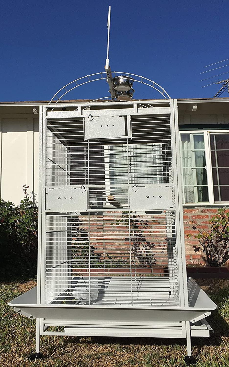 Extra Large Double Ladders Open Play Top Wrought Iron Bird Parrot Parttot Finch Macaw Cockatoo Cage, Include Seed Guard and Toy Hook (32" x 23" x 66"H White Vein)