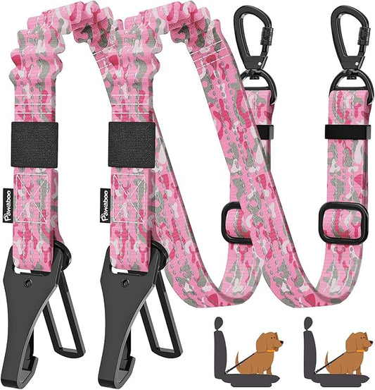 Pawaboo 2Pack Dog Seatbelt for Car, Dog Car Seat Belt Bungee, Dogs Tether for Cars with Buckle & Hook Latch, Adjustable Reflective Dogs Cars Harness Leash with 360° Lockable Buckle, Pink Camouflage