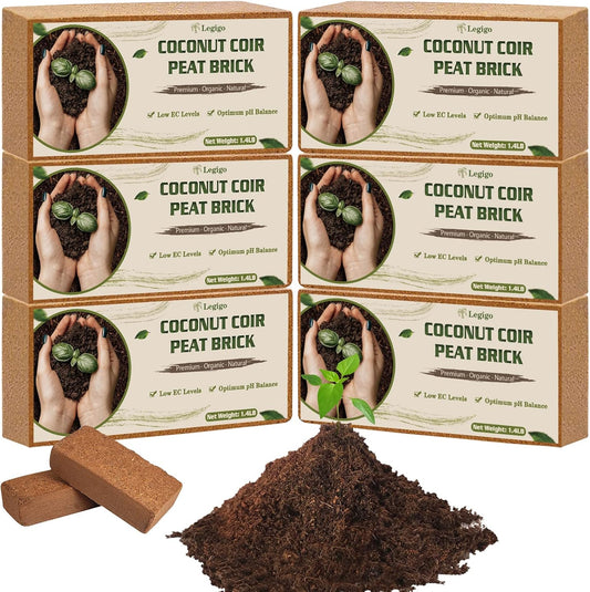 Legigo 6 Pack Premium Coco Coir Brick for Plants- 100% Organic Compressed Coconut Coir Bricks Starting Mix, Coco Coir Fiber Coconut Husk for Planting, Gardening, Potting Soil Substrate, Herbs