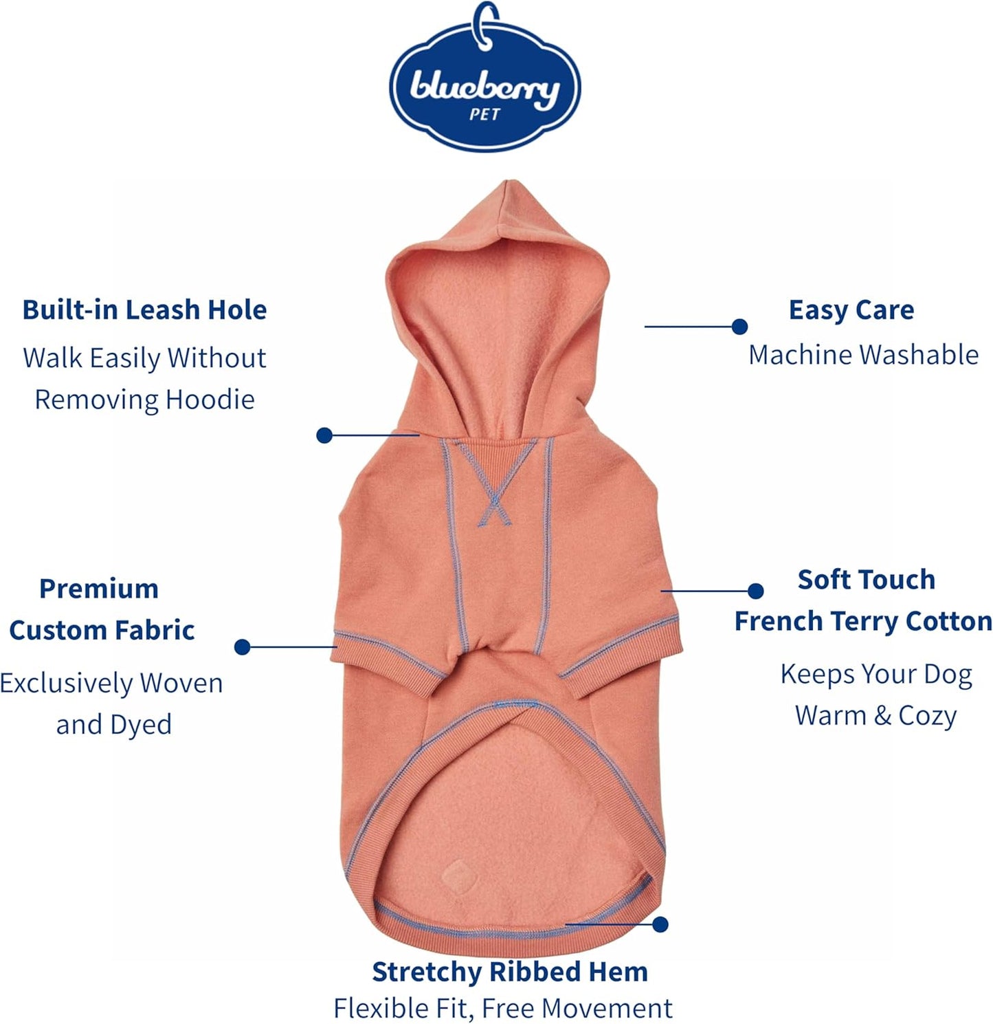 Blueberry Pet Essentials Dog Hoodie – 16 inch, Cotton‑Blend Sweatshirt with Hood, Coral, Machine‑Washable Small‑Dog Jersey