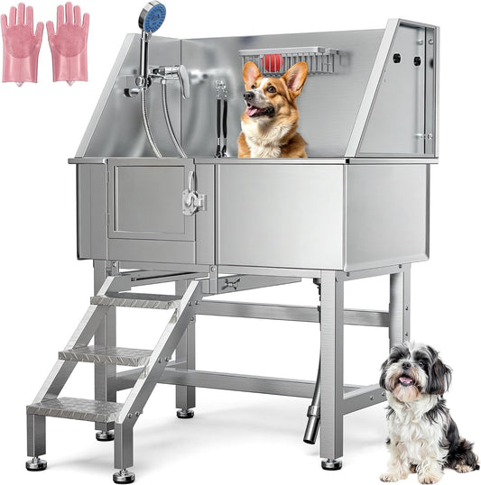 YITAHOME Dog Grooming Bathtub 38in, Professional 304 Stainless Steel Dog Bathing Station Tub w/Left Stairs, Faucet, Floor Grate, Pet Washing Station for Small, Medium, Indoor, Outdoor