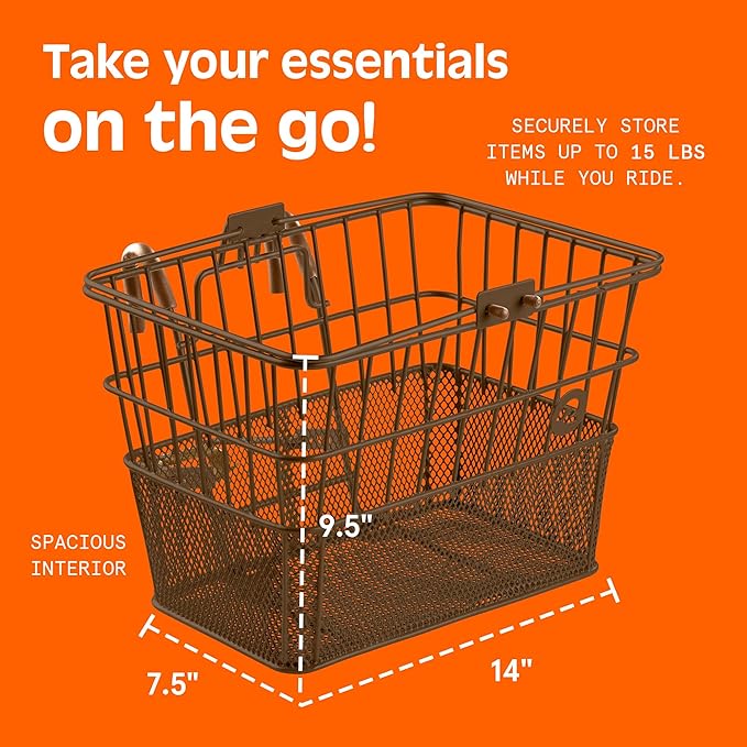 Retrospec Apollo Detachable Front Bike Basket Steel Half-Mesh with Integrated Detachable Hooks and Built-In Handle, Easy Assembly and Portability for Bicycles