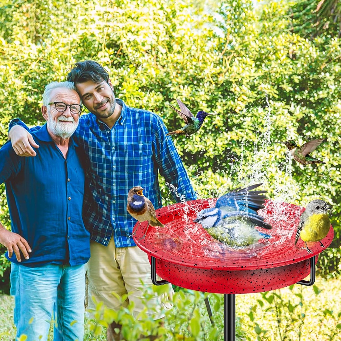 40In Metal Bird Bath for Outside, Freestanding Garden Birdbaths Bowl Bird Feeder, Detachable Decoration Spa Birdfeeder for Outdoor Garden Patio Yard Lawn (Red)