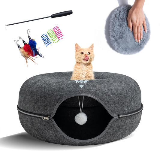 Premium Large Size 24 Inch Cat Tunnel Bed - With Upgraded Metal Zipper - Detachable Round Design - Washable - and Scratch Resistant - Includes 3 Toys and Removable Cushion
