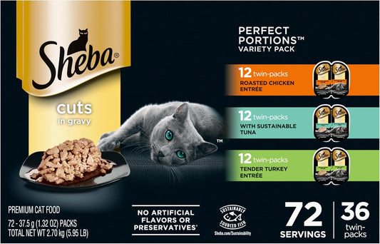 Sheba Perfect Portions Wet Cat Food Cuts in Gravy Variety Pack, Roasted Chicken Entree, with Sustainable Tuna, and Tender Turkey Entree, 2.6 oz. Twin-Pack Trays (36 Count, 72 Servings)