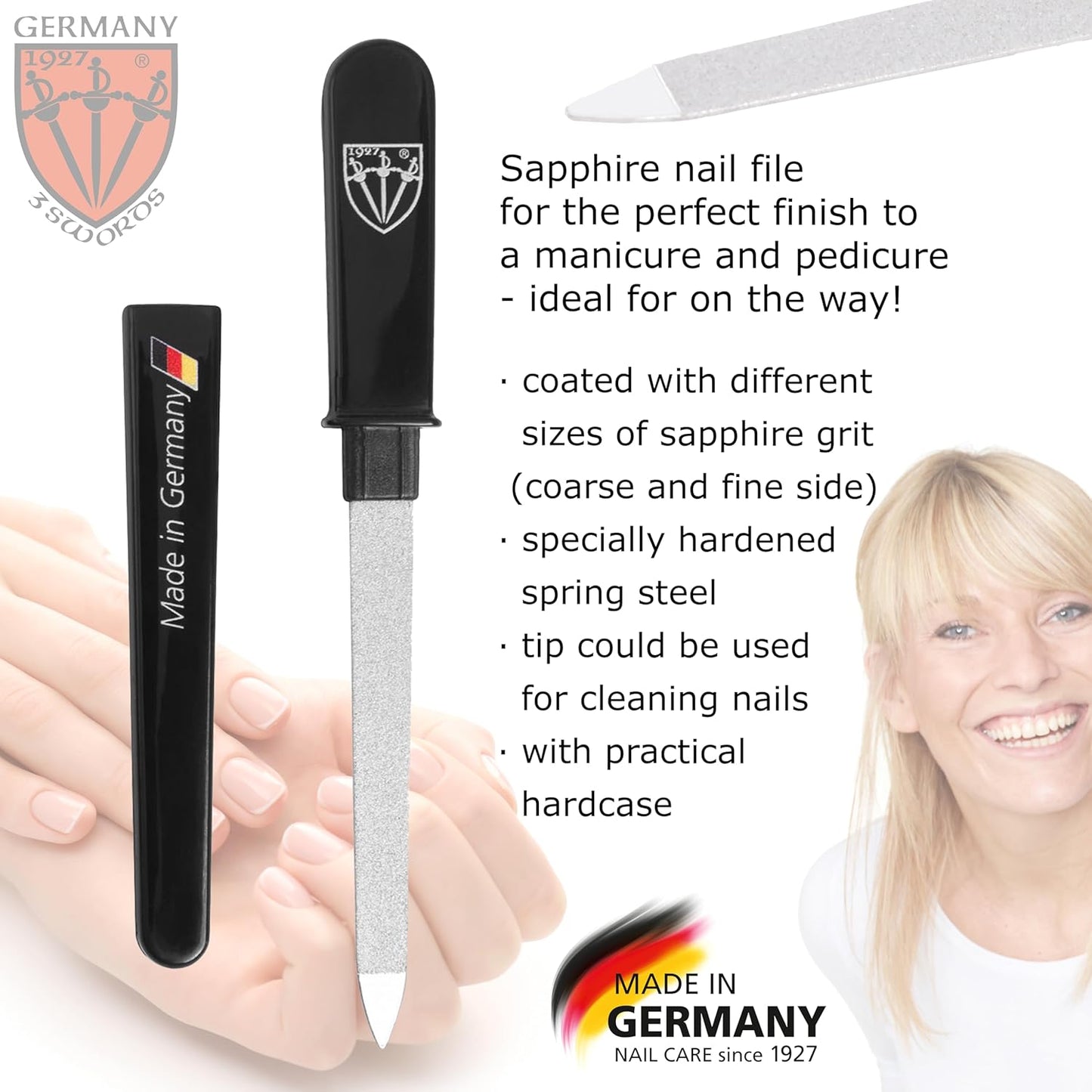 3 Swords Germany - Brand Quality Double Sided (fine & coarse) Sapphire Metal Pocket Nail File (1 Piece), Made in Solingen Germany