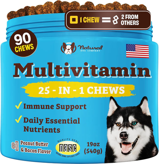 Natural Dog Company 25 in 1 Multivitamin for Dogs – Daily Soft Chews with Vitamins, Minerals & Antioxidants, Immune & Joint Support, for All Ages, Sizes & Breeds, Bacon & Peanut Butter – 90 Count