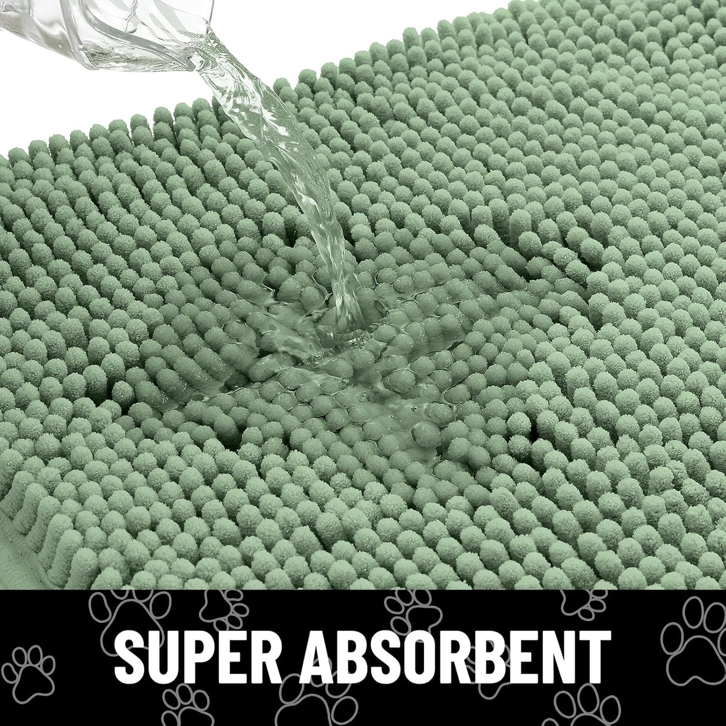 Smiry Dog Door Mat for Muddy Paws, Absorbent Dirt Trapper Non Slip Quick Dry Washable Chenille Mat for Mud Dogs, Entry Rug for Indoor and Outdoor (30x20 Inches, Olive Green and White)