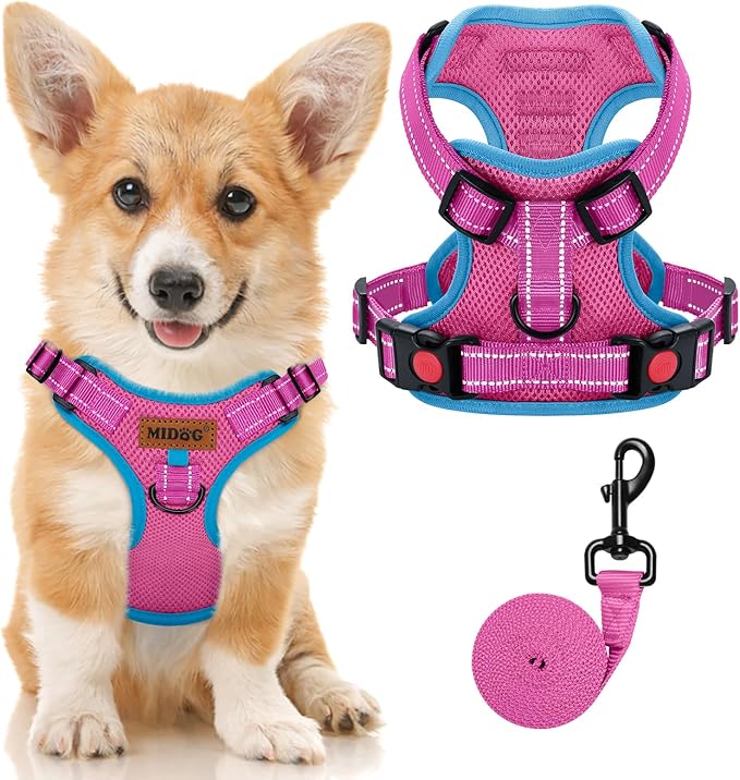 MIDOG No-Pull Dog Harness | Adjustable & Reflective Pet Harness Leash Set for Small Medium Large Dogs Walking, Training| No Choke, Front Clip, Soft Padded Vest with Easy Control Handle - Pink, S