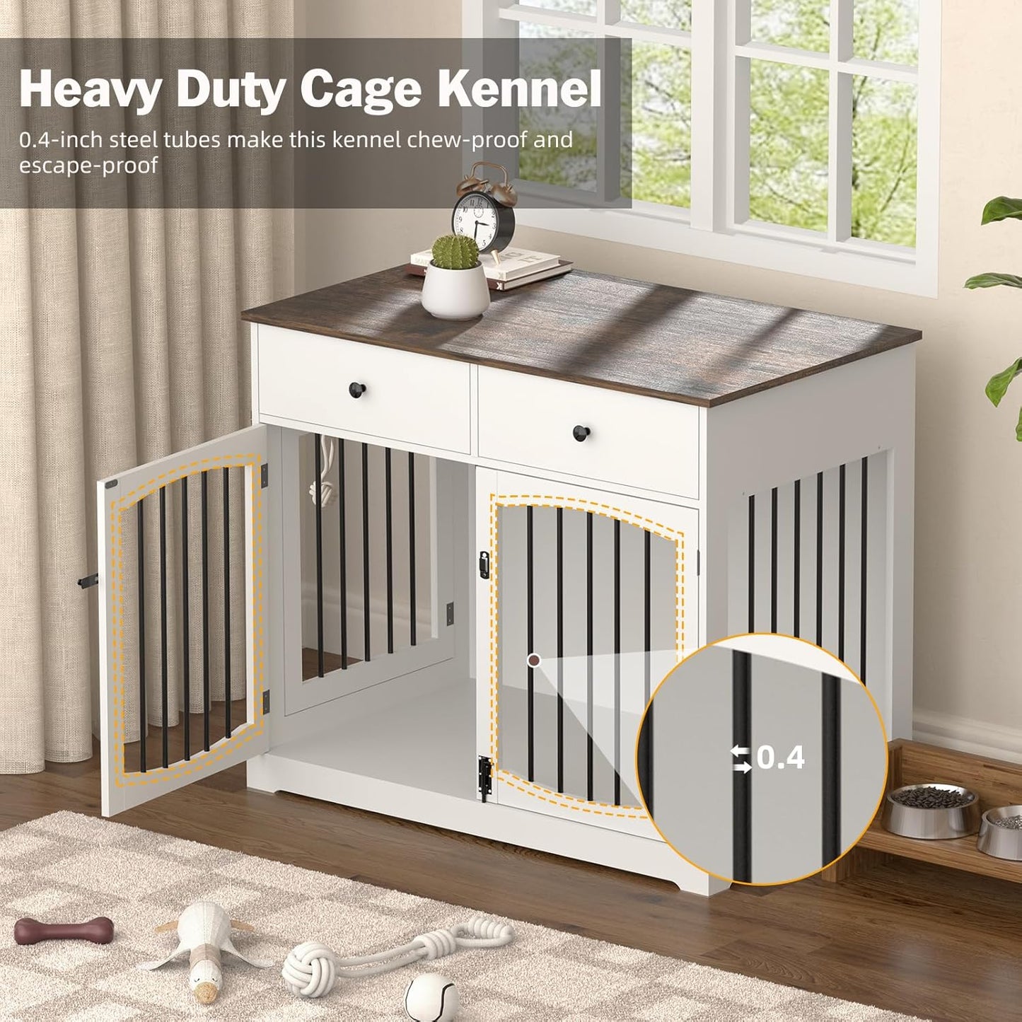 40 Inch Furniture-Style Dog Crate-Multipurpose Wood Pet Crate Furniture with Double Doors,2 Drawers, Decorative Dog House Indoor for Smal/Medium Dogs, White Finish