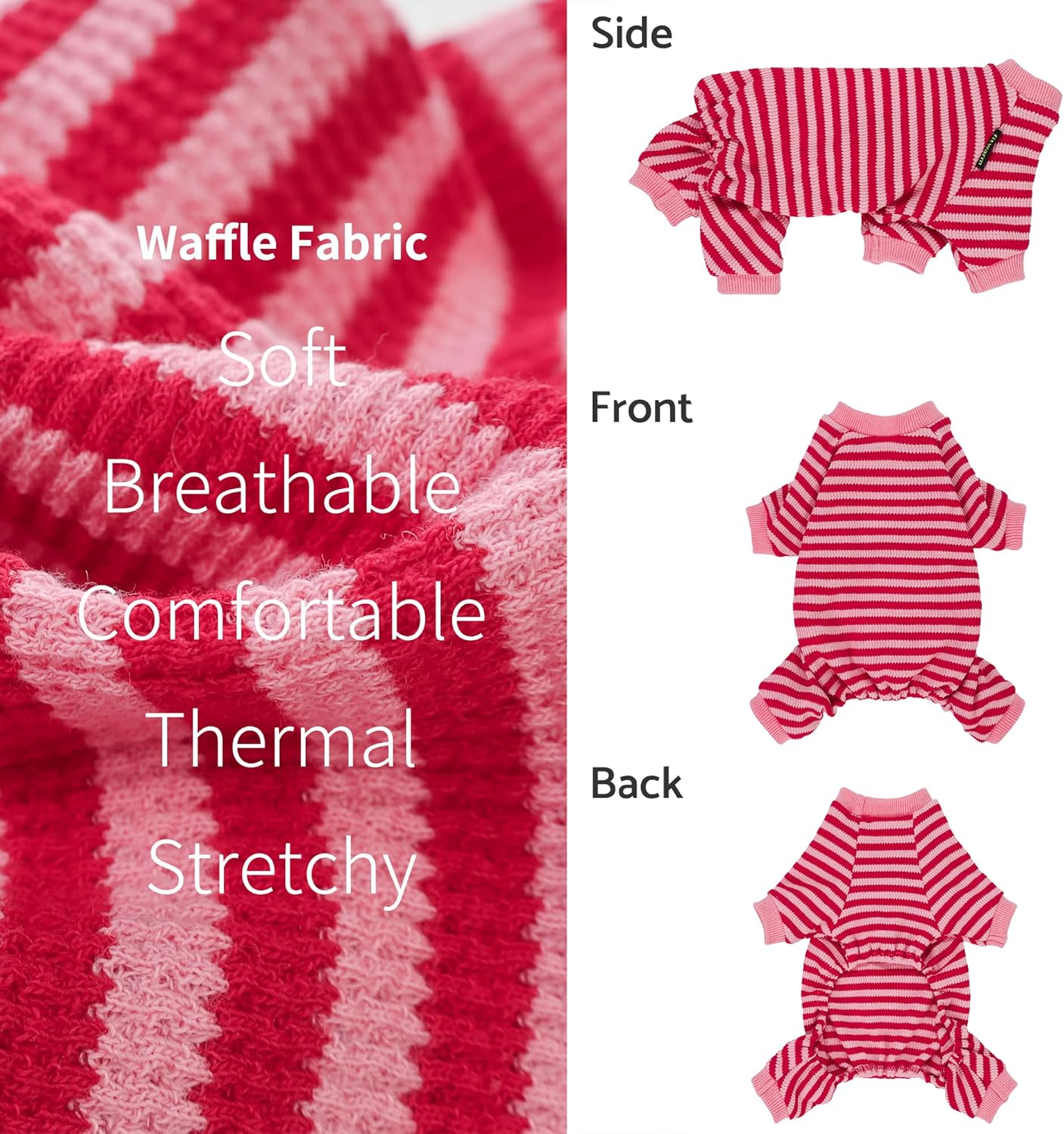 Fitwarm Pink and Red Striped Dog Pajamas, Waffle Dog Clothes for Small Dogs Girl Boy, Puppy Onesie with Feet, Pet Cat Outfit, Small