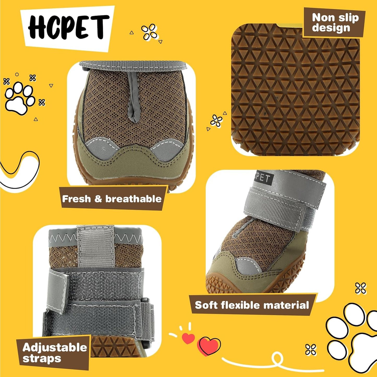 Hcpet Dog Shoes for Large Dogs, Breathable Dog Booties for Small Medium Dogs, Anti-Slip Dog Boots & Paw Protectors for Hot Pavement Winter Snow Hiking with Reflective Straps Army Green Size 4