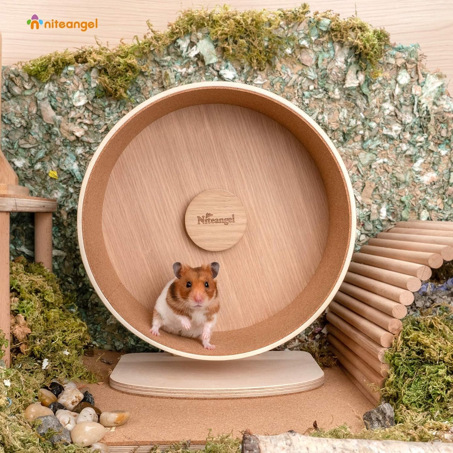 Niteangel Wooden Hamster Exercise Wheel: - Silent Hamster Running Wheel for Hamsters Gerbil Mice and Other Similar-Sized Small Pets (M)