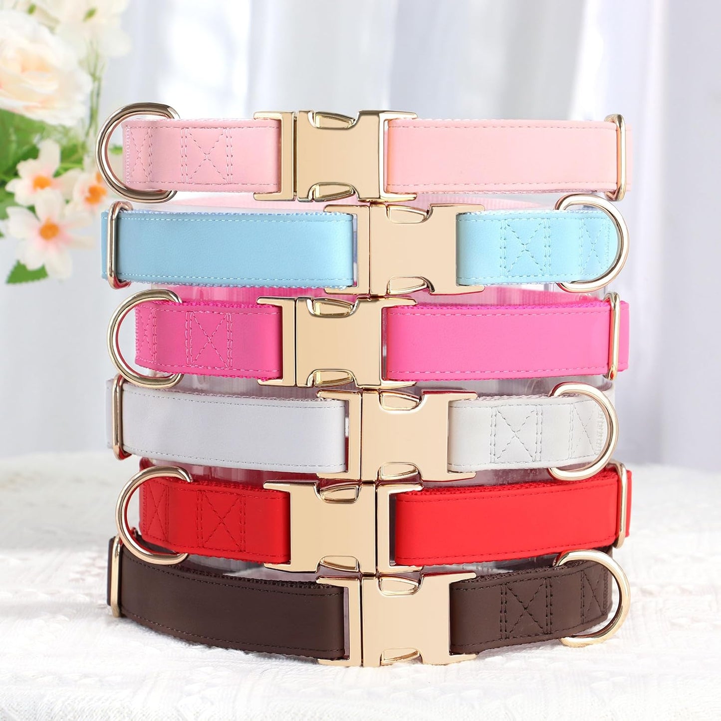 PET ARTIST Soft PU Leather Dog Collar, Bright & Classic Pink Dog Collar with Quick Release Rose Metal Buckle, Adjustable Nylon Padded Durable Pet Collars for Large Dogs Girl, Neck Fit 16-27"