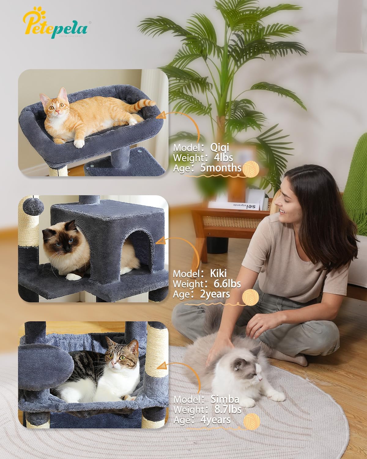 PETEPELA 45.7" Cat Tree for Indoor Cats, 5-Level Cat Tower for Large Cats with Metal Frame Large Hammock (17.3"x15.3"), Cat Condo with (18.5"x13") Big Top Perch & 4 Sisal Covered Scratching Post Dark