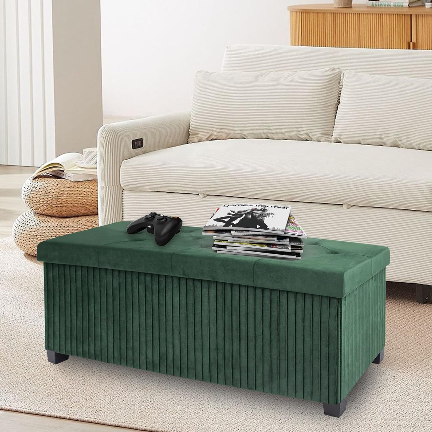 Storage Ottoman Bench, 43 Inch Foldable Ottoman with Legs, Velvet Foot Rest Stool, End of Bed Bench, Storage Chest for Living Room, Bedroom (Green)