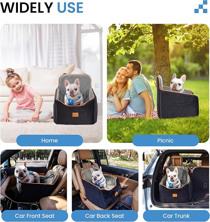 Dog Car Seat for Small Dogs - Puppy Car Seat with Safety Strap & Waterproof Padding, Portable Pet Carrier for Cars, Trucks & SUVs, Comfortable Elevated Bed for Pets Up to 35lbs (Black/Grey)